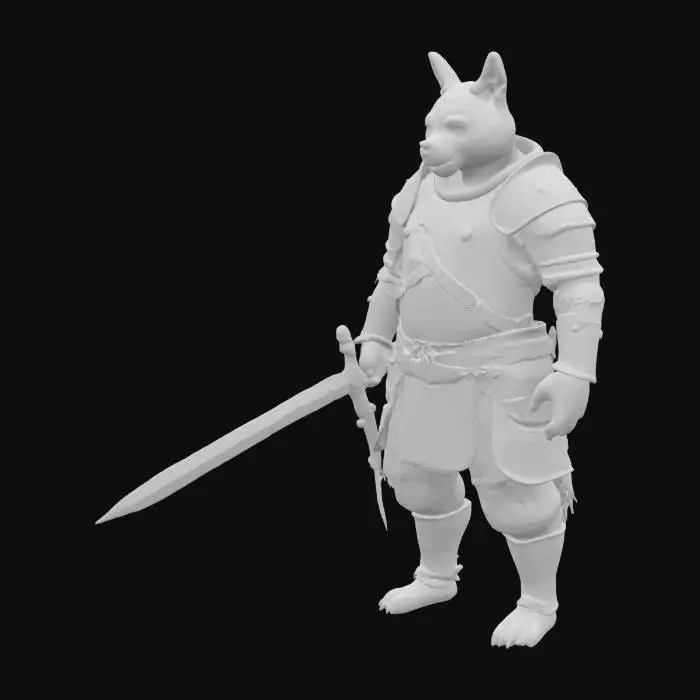 3D model for 一只警惕的狗人巡逻兵，身形健壮，覆盖着棕色或灰色的短毛，毛质粗糙有力。它身穿一套坚固的金属或皮革铠甲，甲片之间严丝合缝，表面可能带有磨损的痕迹，泛着沉重而冷硬的光泽。腰间悬挂着一柄宽大且略带弧度的大刀，刀鞘可能由木材或皮革制成，刀柄处握感扎实。整体形象显得训练有素，时刻准备应对突发状况。