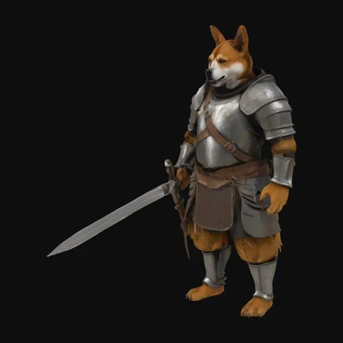 3D model for 一只警惕的狗人巡逻兵，身形健壮，覆盖着棕色或灰色的短毛，毛质粗糙有力。它身穿一套坚固的金属或皮革铠甲，甲片之间严丝合缝，表面可能带有磨损的痕迹，泛着沉重而冷硬的光泽。腰间悬挂着一柄宽大且略带弧度的大刀，刀鞘可能由木材或皮革制成，刀柄处握感扎实。整体形象显得训练有素，时刻准备应对突发状况。