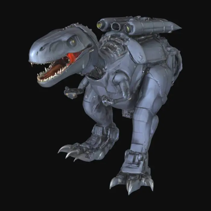 3D model for 一只外观与真实霸王龙毫无二致的霸王龙机甲，全身覆盖着坚固的深色合金，表面光滑而富有金属光泽。其庞大的身躯和强健的后腿由先进的减震器支撑，显得稳固而充满力量。背部安装着一个巨大的导弹发射装置，炮口粗大。霸王龙标志性的巨口和短小前肢也完整保留，整体形象威严而充满未来科技的压迫感。