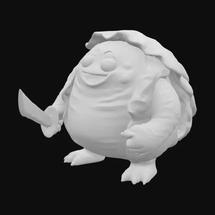 3D model for 一只圆胖的白菜怪，身形浑圆饱满，由层层叠叠的脆嫩白色内层菜帮和鲜绿色的外层菜叶构成，叶片边缘卷曲，呈现出丰富的层次感与自然纹理。它那粗短有力的手中，紧握着一把异常巨大的巨剑，剑身宽大厚实，呈钝状的金属灰色，显得沉重而笨拙。整体形象显得憨厚而充满奇特的卡通力量。