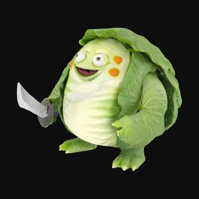 3D model for 一只圆胖的白菜怪，身形浑圆饱满，由层层叠叠的脆嫩白色内层菜帮和鲜绿色的外层菜叶构成，叶片边缘卷曲，呈现出丰富的层次感与自然纹理。它那粗短有力的手中，紧握着一把异常巨大的巨剑，剑身宽大厚实，呈钝状的金属灰色，显得沉重而笨拙。整体形象显得憨厚而充满奇特的卡通力量。