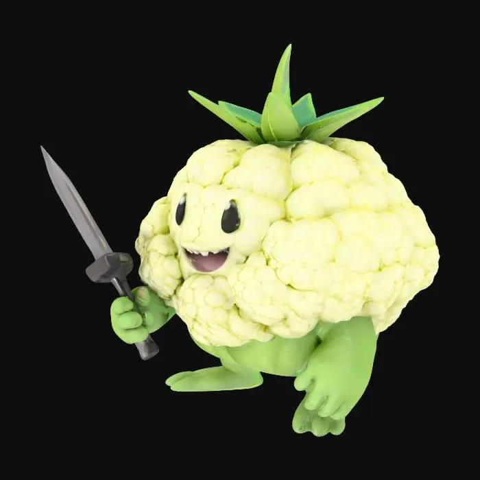 3D model for 一只圆胖可爱的卡通白花椰菜怪，身体由紧密排列的洁白花球构成，质感紧实而略带颗粒感，顶端可能保留着些许嫩绿的叶片。它那粗短的、胖乎乎的手中，紧握着一把小巧而锋利的金属匕首，刀刃闪烁着寒光。整体形象显得憨厚而充满奇特的卡通力量。