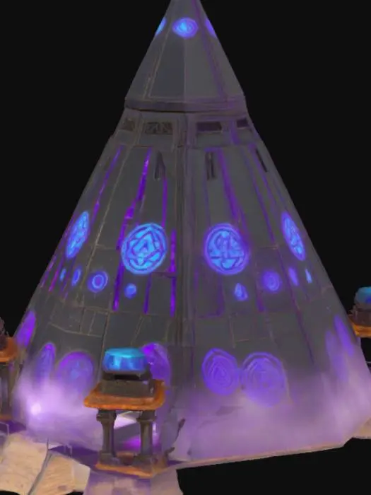 3D model for Structure:** 300m black/purple crystal pyramid surrounded by permanent sandstorm (particle effect).  
- **Details:**  
  - Walls with glowing blue ancient symbols (emissive texture, RGB 0,0,255).  
  - Defenses: Crystal sniper towers (modular meshes), collapsing bridges (rigged break animation every 5 mins).  
**Technical Specs:**  
- **Modular Design:** Separate meshes for towers/bridges/symbols.  
- **Textures:** Reflective crystal (RGB 30,0,50 for black; 150,0,150 for purple).  
- **Tags:** "modular fortress", "sandstorm environment". 
**0.5cm gaps** between bridge segments to prevent clipping