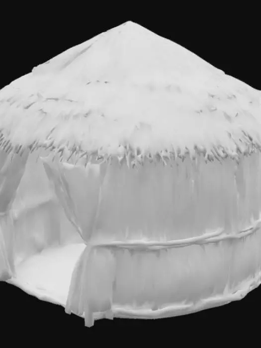 3D model for Item Name:** Straw Hut  
   - **Desc:** 3m x 3m hut with colored curtains (non-interactable).  
   - **Tech:** Low-poly mesh (<800 triangles).  