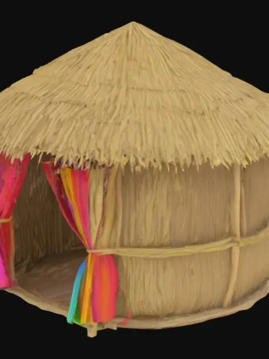 3D model for Item Name:** Straw Hut  
   - **Desc:** 3m x 3m hut with colored curtains (non-interactable).  
   - **Tech:** Low-poly mesh (<800 triangles).  