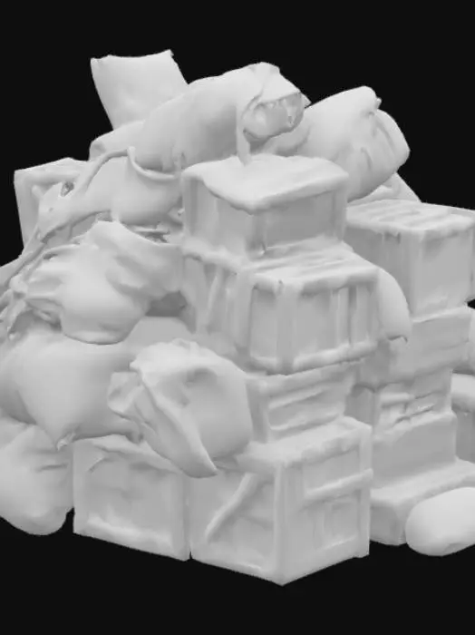 3D model for cargo pile", "covered goods", "merchant supplies", "market prop", "desert environment
An irregular pile of boxes and bags is covered by a large piece of worn, dusty burlap. The vague shapes of the merchandise can be seen beneath the burlap.