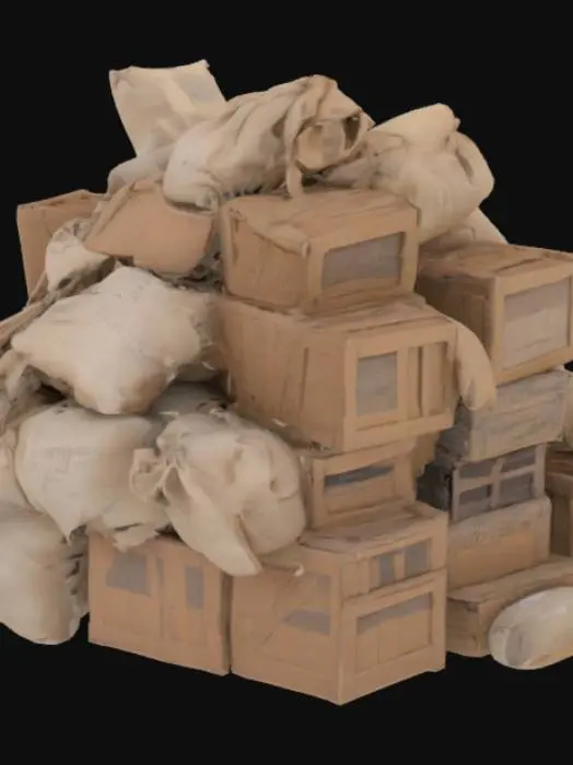 3D model for cargo pile", "covered goods", "merchant supplies", "market prop", "desert environment
An irregular pile of boxes and bags is covered by a large piece of worn, dusty burlap. The vague shapes of the merchandise can be seen beneath the burlap.