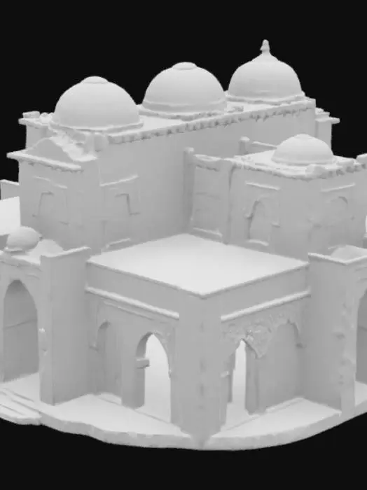 3D model for Structure: 20m x 10m red clay building with domed roof, reinforced with straw. Details: Small windows with Islamic geometric wooden mashrabiya. 4m carved wooden gate (symbols: scales, camels). Copper lanterns on wooden pillars at entrance. Front yard: Camel stations, cloth-covered cargo piles. Interior Design: Ground Floor: Main hall: Wooden display platforms (spices, fabrics). Storage room: Locked iron-chain boxes. Lighting: Hanging oil lamps.
Upper Floor: Simple guest rooms (cotton mats, pillows). Open balcony overlooking northern road.
Modular Design: Separate meshes for roof/walls/doors.
Optimization: Low-poly domes (<3k triangles). Textures: Rough clay (RGB 150,70,50), aged wood. Tags: medieval market , desert architecture