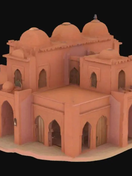 3D model for Structure: 20m x 10m red clay building with domed roof, reinforced with straw. Details: Small windows with Islamic geometric wooden mashrabiya. 4m carved wooden gate (symbols: scales, camels). Copper lanterns on wooden pillars at entrance. Front yard: Camel stations, cloth-covered cargo piles. Interior Design: Ground Floor: Main hall: Wooden display platforms (spices, fabrics). Storage room: Locked iron-chain boxes. Lighting: Hanging oil lamps.
Upper Floor: Simple guest rooms (cotton mats, pillows). Open balcony overlooking northern road.
Modular Design: Separate meshes for roof/walls/doors.
Optimization: Low-poly domes (<3k triangles). Textures: Rough clay (RGB 150,70,50), aged wood. Tags: medieval market , desert architecture