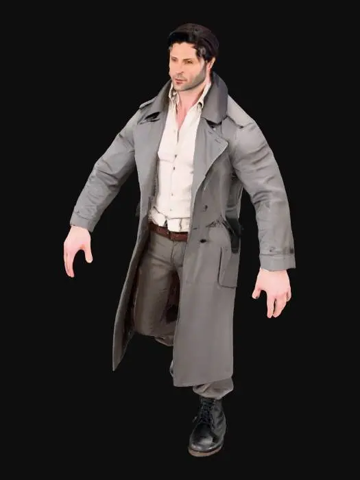 3D model for Hombre de 38 años, alto, complexión fuerte. Piel pálida, ojos azules intensos y mirada atractiva. Cabello negro, ondulado, peinado hacia atrás con algo de desorden. Barba de 2-3 días. Viste gabardina gris gastada, camisa blanca arrugada, corbata floja, pantalones oscuros sueltos y botas de cuero negro desgastadas. Manos huesudas con dedos largos y cicatrices visibles.Postura erguida , brazos estirados hacia los lados.