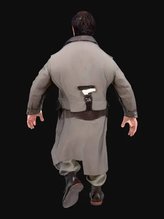 3D model for Hombre de 38 años, alto, complexión fuerte. Piel pálida, ojos azules intensos y mirada atractiva. Cabello negro, ondulado, peinado hacia atrás con algo de desorden. Barba de 2-3 días. Viste gabardina gris gastada, camisa blanca arrugada, corbata floja, pantalones oscuros sueltos y botas de cuero negro desgastadas. Manos huesudas con dedos largos y cicatrices visibles.Postura erguida , brazos estirados hacia los lados.