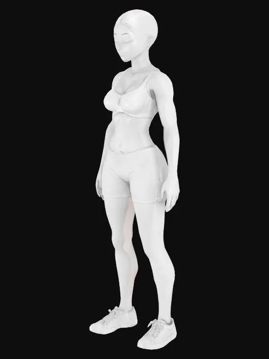 3D model for Realistic white skin cute women in six packs and bulging muscles with bra and short pants in white shoes in pose