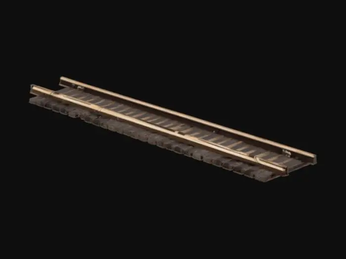 3D model for A straight wooden track extends perfectly parallel with precise spacing. The two solid wooden beams serve as rails, flawlessly smooth and evenly cut. Crosswise, evenly spaced wooden sleepers are perfectly aligned and identical in size. The ground between them remains clean, without gravel or grass. The structure appears immaculate, symmetrical, and endlessly straight, as if crafted with absolute precision.