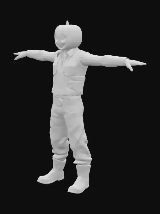 3D model for very high details, symmetrical T-pose cowboy with a jack'o lantern head wearing old jean, shirt, vest, steel cap boots and glove, perfectly formed open hands, perfectly formed facial features with a realistic profile, high detailed realism, arcane style, symmetry, game ready T-pose optimised for rigging and animation