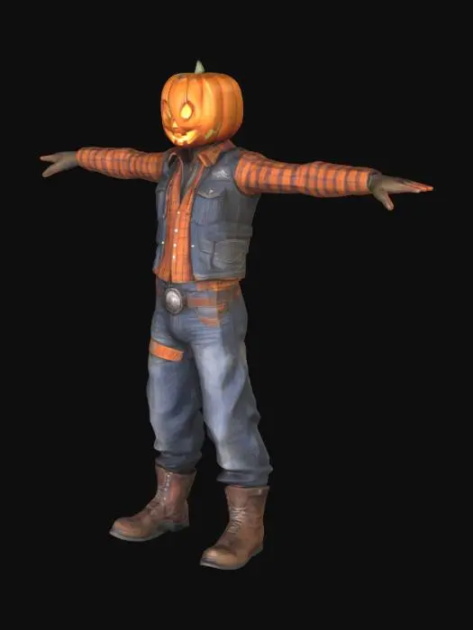 3D model for very high details, symmetrical T-pose cowboy with a jack'o lantern head wearing old jean, shirt, vest, steel cap boots and glove, perfectly formed open hands, perfectly formed facial features with a realistic profile, high detailed realism, arcane style, symmetry, game ready T-pose optimised for rigging and animation