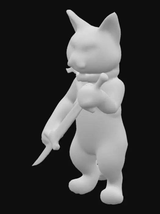 3D model for Crie um gato, branco com manchas amarelas, e com características humanas, semelhante ao kratos do jogo God fo War.