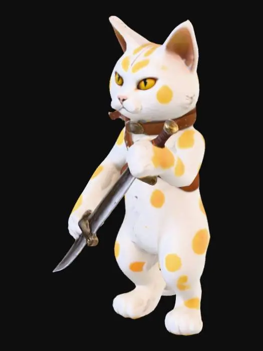 3D model for Crie um gato, branco com manchas amarelas, e com características humanas, semelhante ao kratos do jogo God fo War.