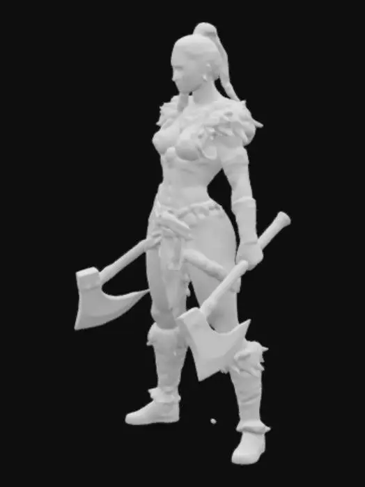 3D model for una dama guerrera vikingo con hacha en posicion de pelea. la dama tiene el cabellos largo, semi desnuda