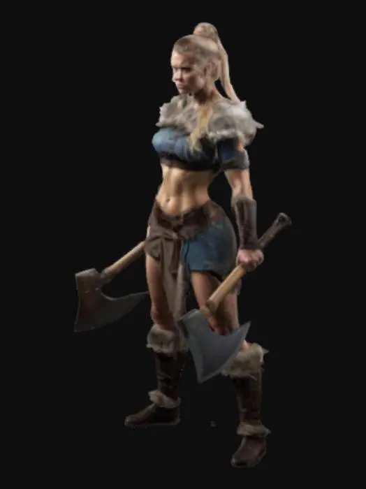 3D model for una dama guerrera vikingo con hacha en posicion de pelea. la dama tiene el cabellos largo, semi desnuda