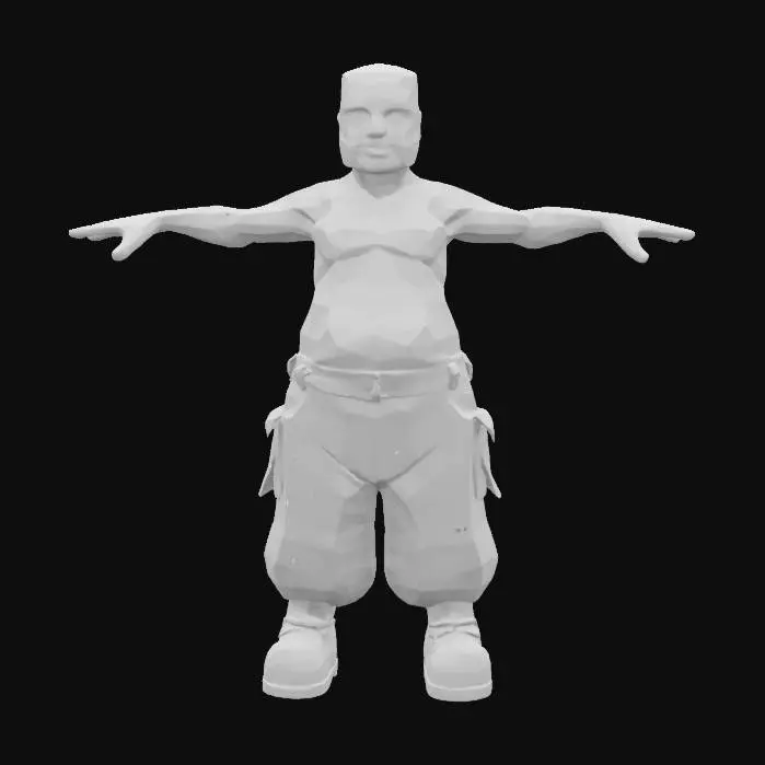 3D model for stylized humanoid tall steampunk worker. dark underbags. t-pose,long arms. bagy pants no sweater. creepy. bigger squareish flesh head