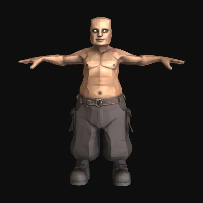 3D model for stylized humanoid tall steampunk worker. dark underbags. t-pose,long arms. bagy pants no sweater. creepy. bigger squareish flesh head