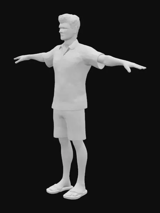 3D model for A low-polygon male figure stands tall and skinny, poised in a T-pose with arms extended horizontally and palms down. His form is simplified, featuring sharp, clean facets characteristic of a low-poly style. He has a distinct, blocky mass of hair on his head. The figure is dressed in a Hawaiian shirt, its surface smooth and untextured, displaying a vibrant, abstract pattern of simple shapes and bold colors like red, yellow, and blue, typical of tropical floral designs.
