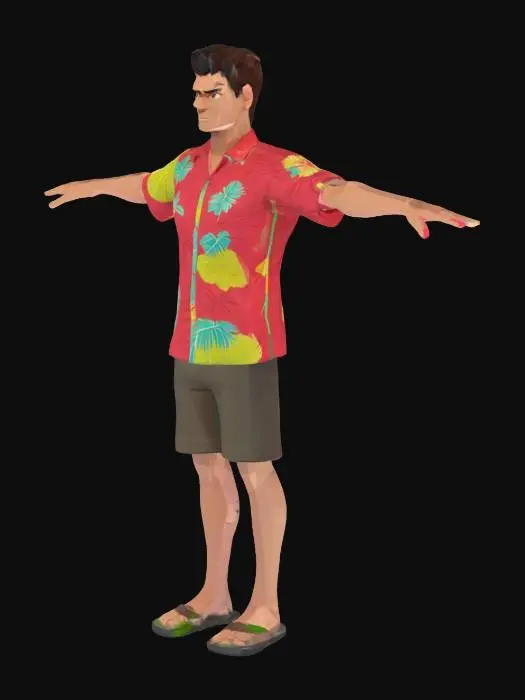 3D model for A low-polygon male figure stands tall and skinny, poised in a T-pose with arms extended horizontally and palms down. His form is simplified, featuring sharp, clean facets characteristic of a low-poly style. He has a distinct, blocky mass of hair on his head. The figure is dressed in a Hawaiian shirt, its surface smooth and untextured, displaying a vibrant, abstract pattern of simple shapes and bold colors like red, yellow, and blue, typical of tropical floral designs.