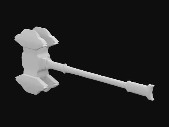 3D model for Create a low-poly, stylized 2-handed war hammer for a fantasy video game. The hammer should have a broad, rugged head with a blocky, angular design, featuring sharp edges and a slightly worn texture. The handle should be long, sturdy, and made of dark wood, with minimal detailing to maintain the low-poly aesthetic. The overall design should be simple but imposing, with no excessive details, emphasizing clean shapes and bold proportions. The hammer should evoke a sense of strength and raw power