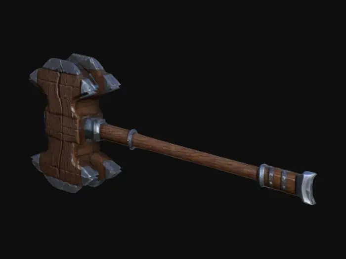 3D model for Create a low-poly, stylized 2-handed war hammer for a fantasy video game. The hammer should have a broad, rugged head with a blocky, angular design, featuring sharp edges and a slightly worn texture. The handle should be long, sturdy, and made of dark wood, with minimal detailing to maintain the low-poly aesthetic. The overall design should be simple but imposing, with no excessive details, emphasizing clean shapes and bold proportions. The hammer should evoke a sense of strength and raw power