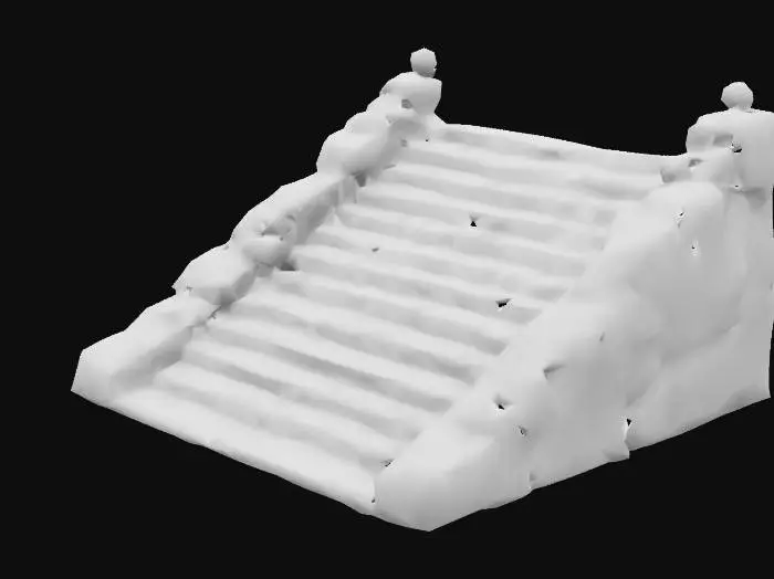 3D model for lowpoly, stone staircase, the steps are wide and slightly worn, carved directly into the mountainside, geometrical shapes, game style, a few steps are partially broken, sharp edges,