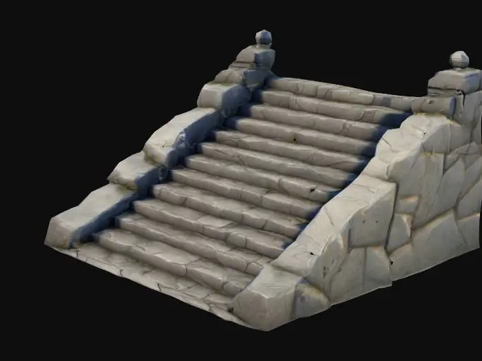 3D model for lowpoly, stone staircase, the steps are wide and slightly worn, carved directly into the mountainside, geometrical shapes, game style, a few steps are partially broken, sharp edges,