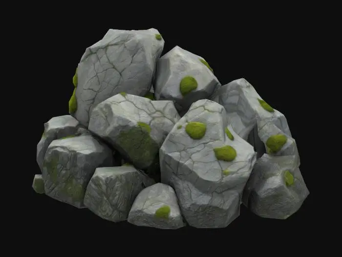 3D model for The object is the set of forest rocks, highly detailed, photoscan, angular rocks with cracks and a rough texture and a predominantly stone-gray color that are diluted with moss, game assets,ultra realistic