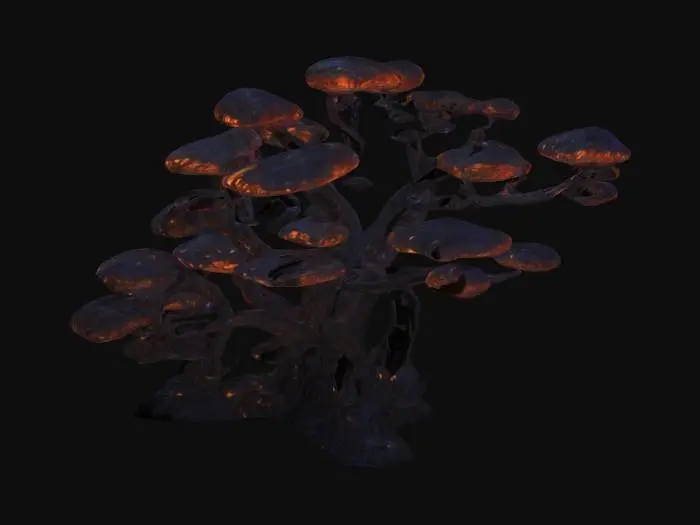 3D model for Generate surreal and bizarre-looking fungal trees growing in the Underdark — enormous twisted bright glowing  bioluminescent trunks, gnarled limbs resembling petrified tentacles, bark oozing phosphorescent sap, leaves like translucent dragon heads, dark fantasy, hyper-detailed, cinematic, Dungeons & Dragons Underdark vibes, organic.