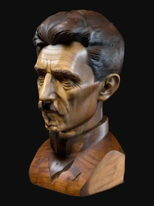 3D model for Fantasy, Highly Detailed, Ultra Realistic, Wooden Carved bust statue of nikola tesla.
