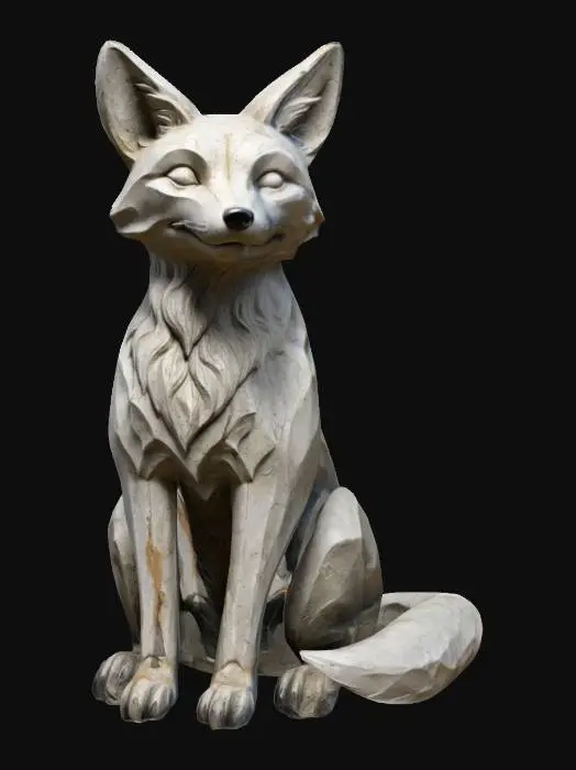 3D model for A stylized stone fox with epic pose statue, with smooth, weathered textures, slightly eroded details, and a natural, aged look as if placed in a mystical forest, #fox#