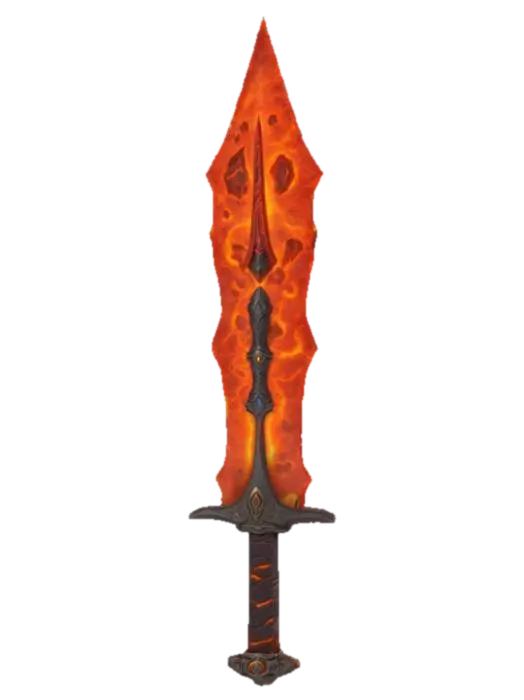 a fantasy sword made of lava in the style of world of warcraft, die blade is thick… 3D model, vytvořený pomocí AI