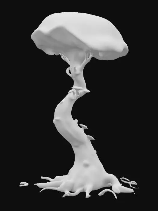 3D model for Generate surreal and bizarre-looking fungal trees growing in the Underdark — enormous twisted bright glowing  bioluminescent trunks, gnarled limbs resembling petrified tentacles, bark oozing phosphorescent sap, leaves like translucent dragon heads, dark fantasy, hyper-detailed, cinematic, Dungeons & Dragons Underdark vibes, organic.