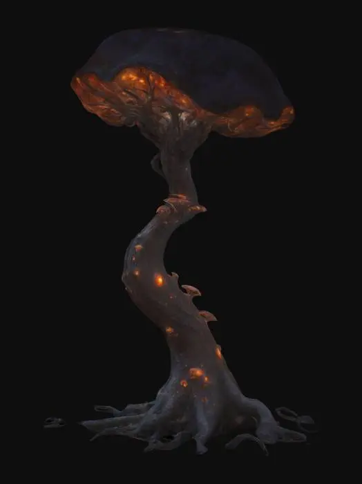 3D model for Generate surreal and bizarre-looking fungal trees growing in the Underdark — enormous twisted bright glowing  bioluminescent trunks, gnarled limbs resembling petrified tentacles, bark oozing phosphorescent sap, leaves like translucent dragon heads, dark fantasy, hyper-detailed, cinematic, Dungeons & Dragons Underdark vibes, organic.