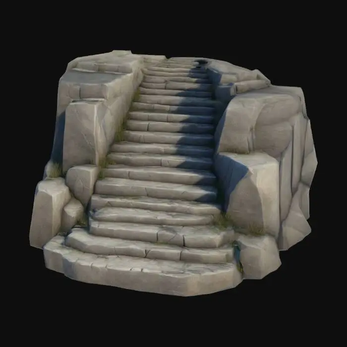 3D model for lowpoly, stone staircase, the steps are wide and slightly worn, carved directly into the mountainside, geometrical shapes, game style, a few steps are partially broken, sharp edges,