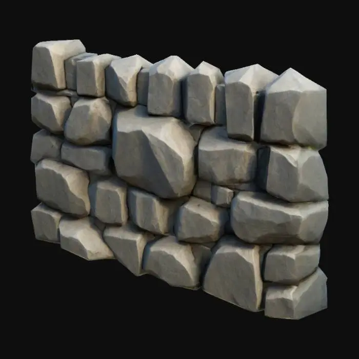3D model for lowpoly, stone fence, geometrical shapes, game style, sharp edges,