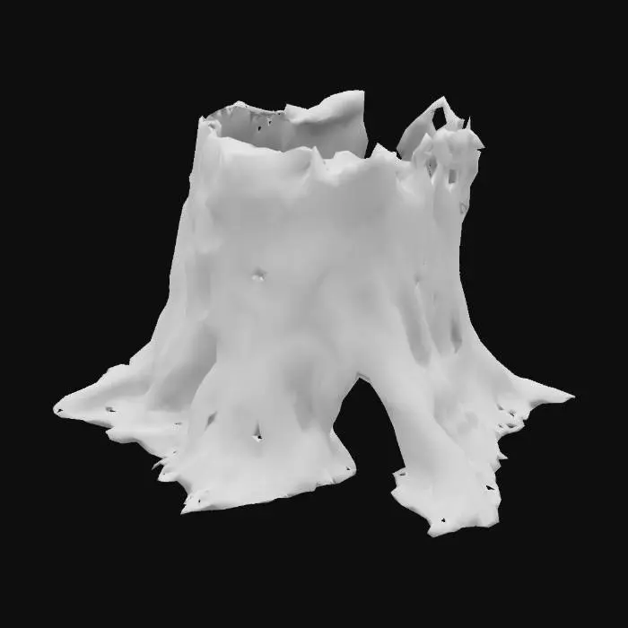 3D model for A massive ancient tree trunk, hollowed and broken at the top, with deep jagged cracks running along its weathered bark. The wood appears dry and aged, with intricate natural textures and rugged details. Thick, sprawling roots extend outward in twisted and gnarled formations, some partially uprooted, cracked, or broken. The tree's bark features a mix of smooth eroded surfaces and rough, deeply grooved areas, giving it an ancient and mystical appearance.