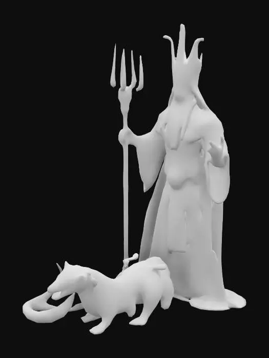 3D model for Depict Marduk, the Babylonian god, as a powerful figure with a golden robe adorned with intricate patterns. He holds a spade-shaped staff symbolizing divinity. His face is stern, with a beard styled in Mesopotamian fashion, and a glowing aura surrounds him. A Mušḫuššu dragon coils at his feet, its scales shimmering green and gold. The background features ancient Babylonian motifs, like ziggurats and cuneiform, emphasizing his cosmic and regal nature.