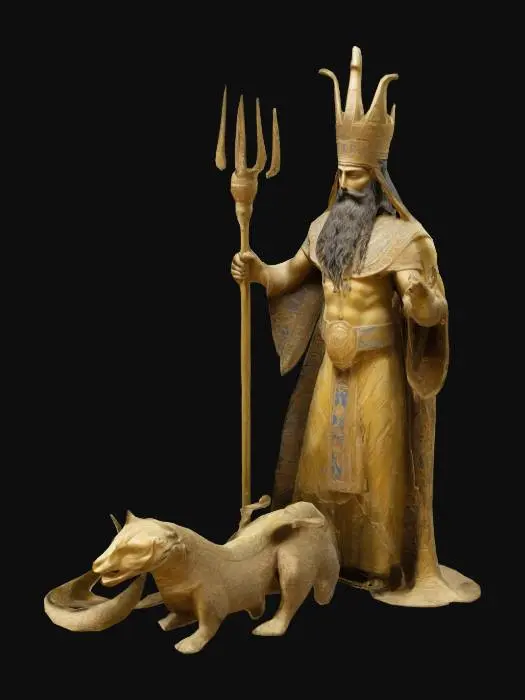 3D model for Depict Marduk, the Babylonian god, as a powerful figure with a golden robe adorned with intricate patterns. He holds a spade-shaped staff symbolizing divinity. His face is stern, with a beard styled in Mesopotamian fashion, and a glowing aura surrounds him. A Mušḫuššu dragon coils at his feet, its scales shimmering green and gold. The background features ancient Babylonian motifs, like ziggurats and cuneiform, emphasizing his cosmic and regal nature.
