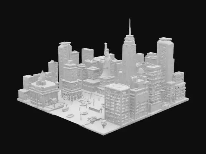 3D model for Спроектируй миниатюрную 3D-модель известного города, например, Нью-Йорка или Токио. Добавь знаковые достопримечательности (Статуя Свободы, Токийская башня) и проработай мелкие детали: улицы, машины, даже маленьких людей. Цель — создать очаровательную, детализированную диораму, которая выглядит живой. Слегка преувеличь масштаб, чтобы подчеркнуть миниатюрность, и попробуй добавить легкие световые эффекты, чтобы выделить ключевые элементы.