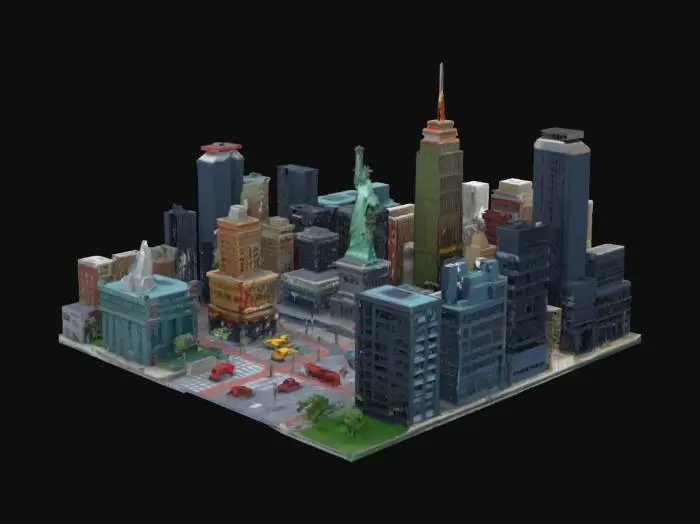 3D model for Спроектируй миниатюрную 3D-модель известного города, например, Нью-Йорка или Токио. Добавь знаковые достопримечательности (Статуя Свободы, Токийская башня) и проработай мелкие детали: улицы, машины, даже маленьких людей. Цель — создать очаровательную, детализированную диораму, которая выглядит живой. Слегка преувеличь масштаб, чтобы подчеркнуть миниатюрность, и попробуй добавить легкие световые эффекты, чтобы выделить ключевые элементы.
