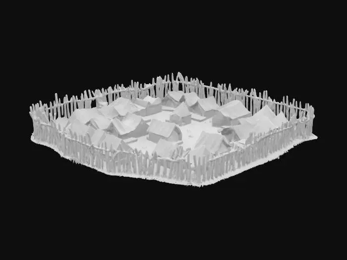 3D model for Римский полевой лагерь представляет собой строго организованный комплекс, обнесенный прочным частоколом из заостренных деревянных бревен, образующих четкую прямоугольную форму. Земляные валы у основания частокола плотные и сухие на ощупь, с текстурой утрамбованной почвы. Внутри расположены ряды однотипных шатров, выполненных из грубой, выветренной кожи или плотного холста землистых оттенков – от темно-коричневого до тускло-бежевого. Древесина конструкций выглядит необработанной, сохраняя свою естественную текстуру и суровый вид.