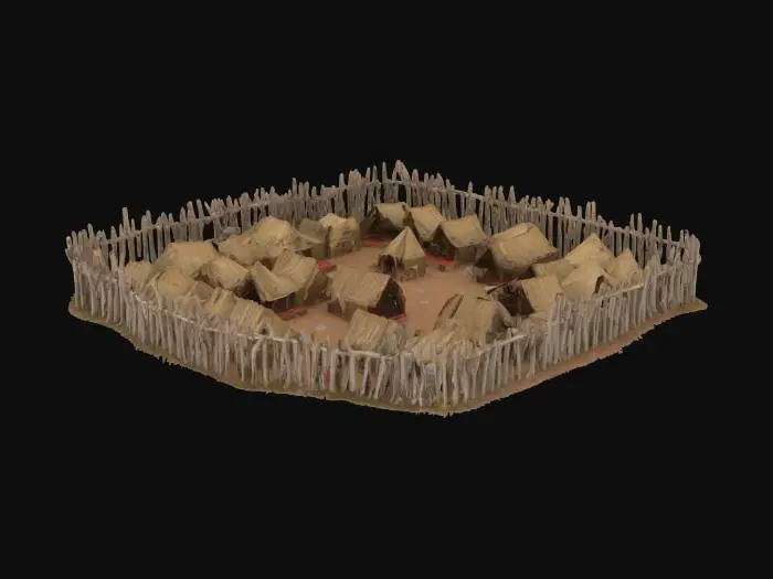 3D model for Римский полевой лагерь представляет собой строго организованный комплекс, обнесенный прочным частоколом из заостренных деревянных бревен, образующих четкую прямоугольную форму. Земляные валы у основания частокола плотные и сухие на ощупь, с текстурой утрамбованной почвы. Внутри расположены ряды однотипных шатров, выполненных из грубой, выветренной кожи или плотного холста землистых оттенков – от темно-коричневого до тускло-бежевого. Древесина конструкций выглядит необработанной, сохраняя свою естественную текстуру и суровый вид.