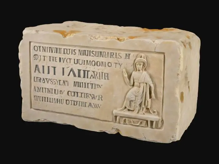 3D model for Детализированная римская вотивная плита, высеченная из шероховатого, но прочного известняка, имеет прямоугольную форму с немного неровными краями. Ее поверхность серовато-белая, с вкраплениями более темных минералов, и на ощупь кажется пористой и пыльной. В центре плиты выгравировано латинское посвящение или барельефное изображение божества, жертвенника или символов, связанных с культом. Линии гравировки четкие и глубокие, создающие осязаемый контраст с фоном. Возможно, присутствуют следы мха или выветривания в углублениях, подчеркивающие древность.