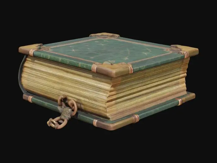 3D model for Древний том в тяжелом кожаном переплете глубокого темно-зеленого цвета, с выцветшими золотыми рунами на обложке. Кожа потрескавшаяся и изношенная, с видимыми царапинами и потертостями. Уголки книги защищены потемневшими от времени медными накладками. Внутри пожелтевшие пергаментные страницы с тонким запахом пыли.