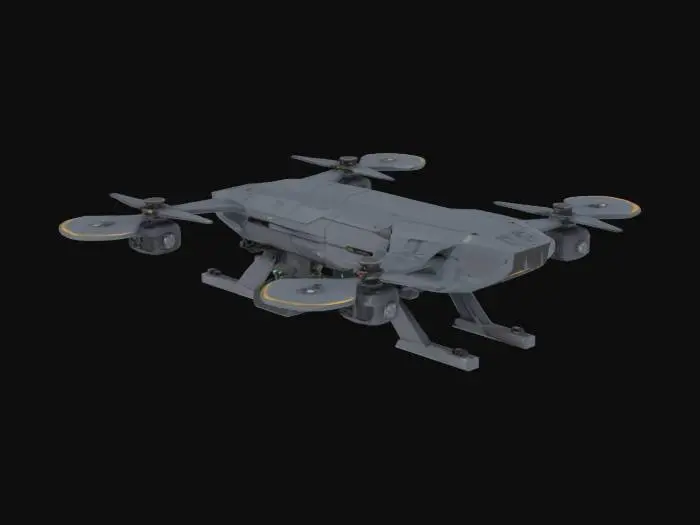 3D model for Тяжелый грузовой дрон будущего, с корпусом из темно-серого матового композитного материала. Его форма угловатая, функциональная, с крупными выступающими пропеллерами и опорными шасси. Композит ощущается прохладным и абсолютно гладким, но чрезвычайно прочным. На нижней части расположены ряды ярких светодиодов, которые создают ощущение легкой вибрации. Дрон выглядит массивным и способным поднять значительный вес.